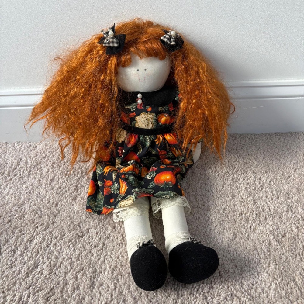 Delton Products Fall Harvest Vegetable Fabric‎ Rag Doll Orange Hair Black Shoes